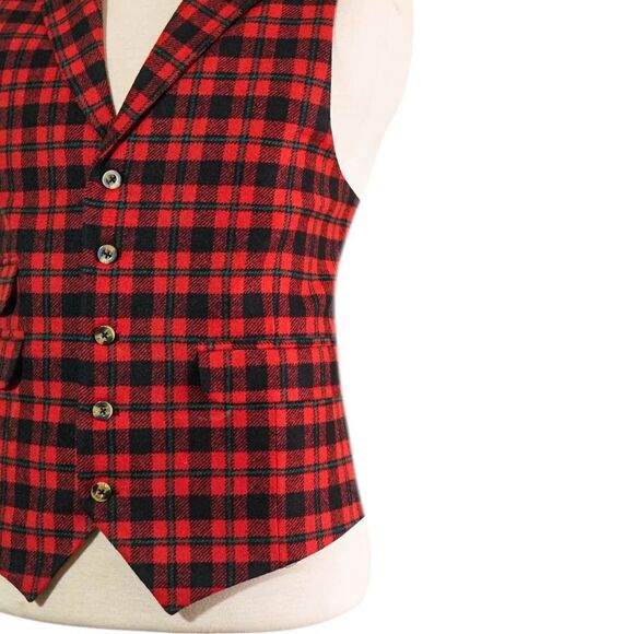 Mens 46R Plaid Vest Red Black Teal Wool Waistcoat Formal Wedding Preppy Casual - Picture 5 of 8